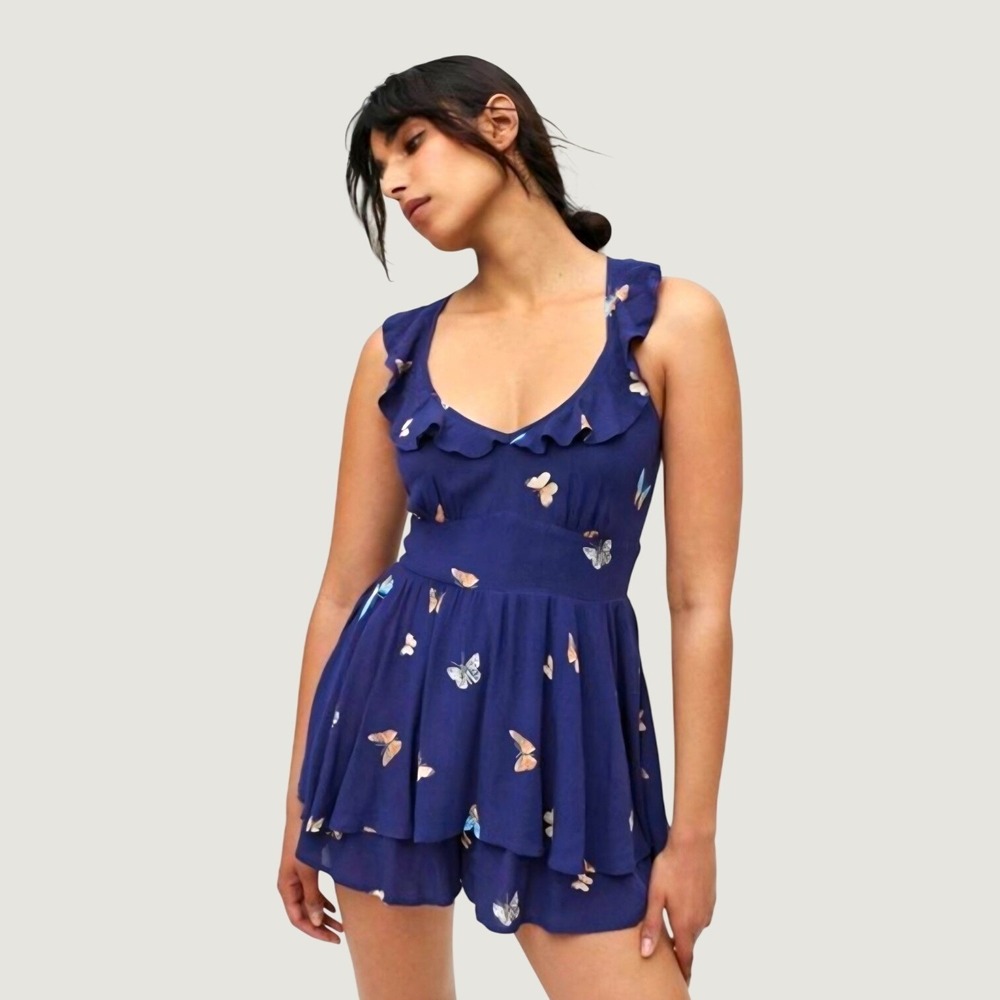 Urban Outfitters Romper Skort Navy Blue Butterfly Tiered Summer Fairycore Medium